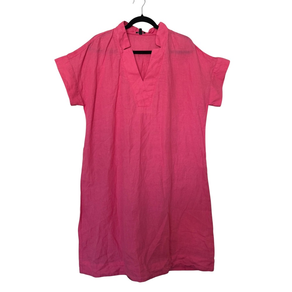 Talbots Pink 100% Linen V-Neck Shift Dress Short Sleeve Size L Coastal Grandma